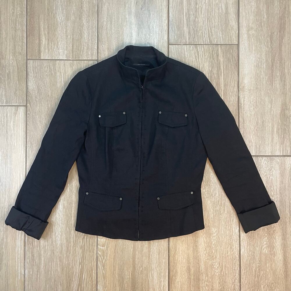 Elie Tahari Utility Jacket Womens M Black Linen Blend Lightweight Field Jacket